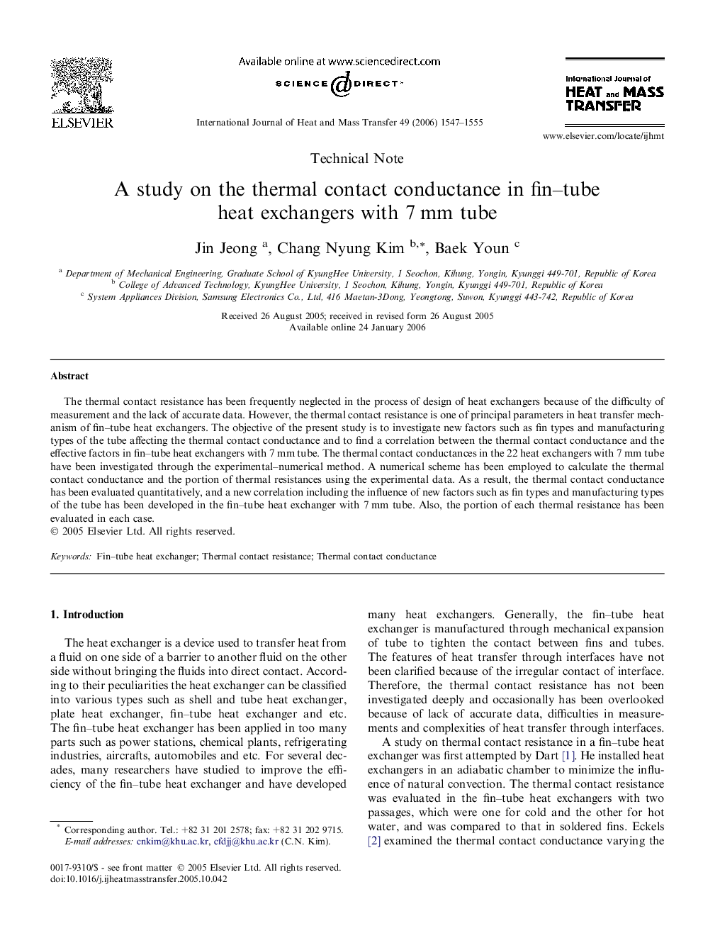 A study on the thermal contact conductance in fin-tube heat exchangers with 7Â mm tube