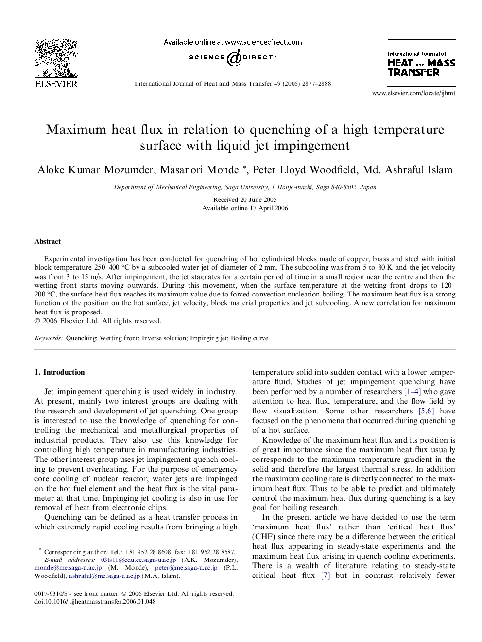 Maximum heat flux in relation to quenching of a high temperature surface with liquid jet impingement