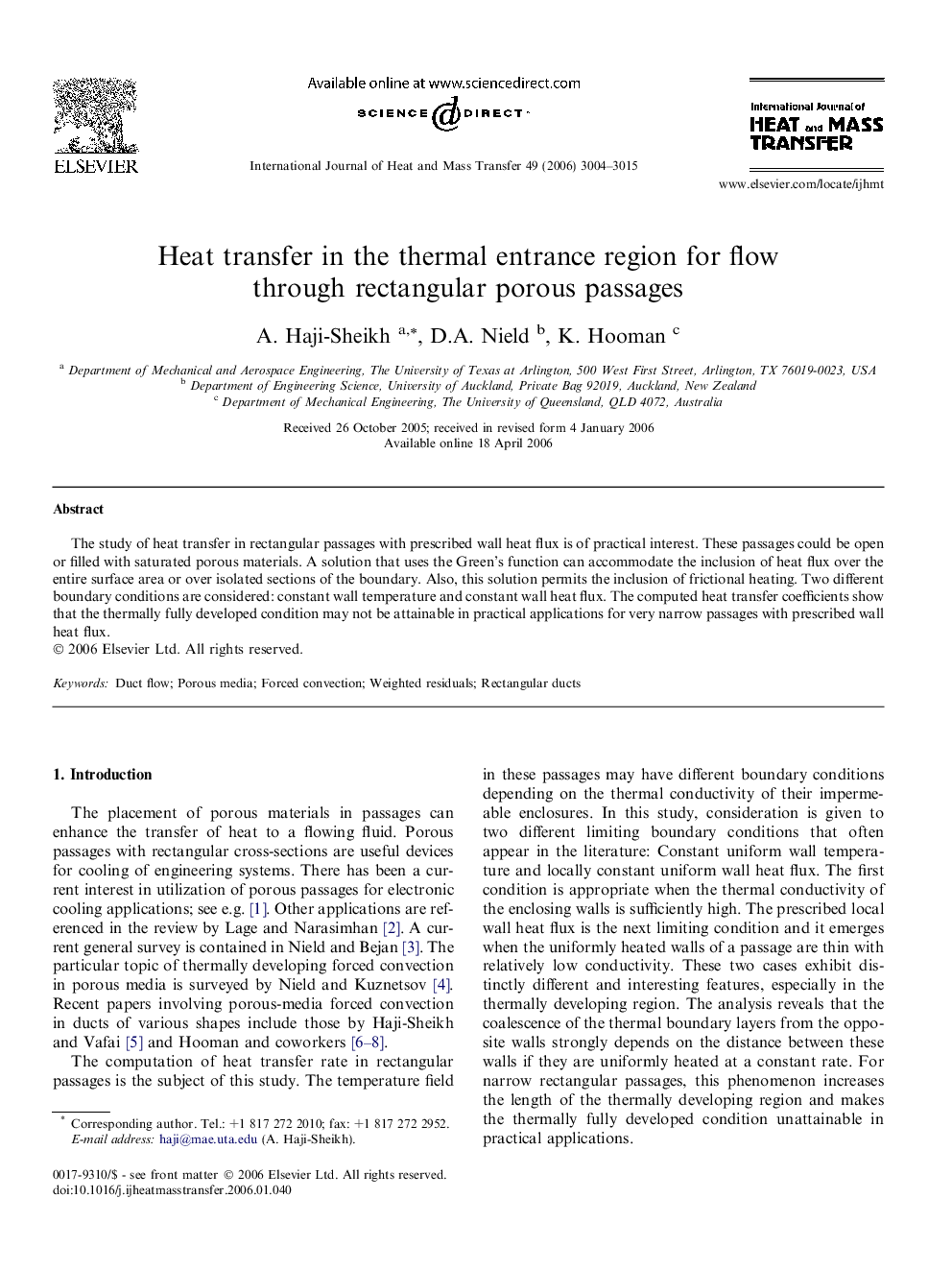 Heat transfer in the thermal entrance region for flow through rectangular porous passages