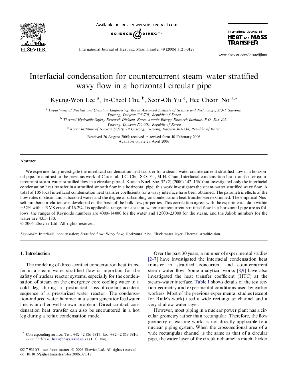 Interfacial condensation for countercurrent steam–water stratified wavy flow in a horizontal circular pipe