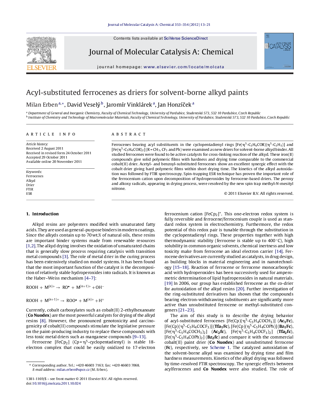 Acyl-substituted ferrocenes as driers for solvent-borne alkyd paints