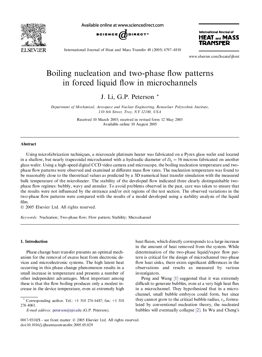 Boiling nucleation and two-phase flow patterns in forced liquid flow in microchannels