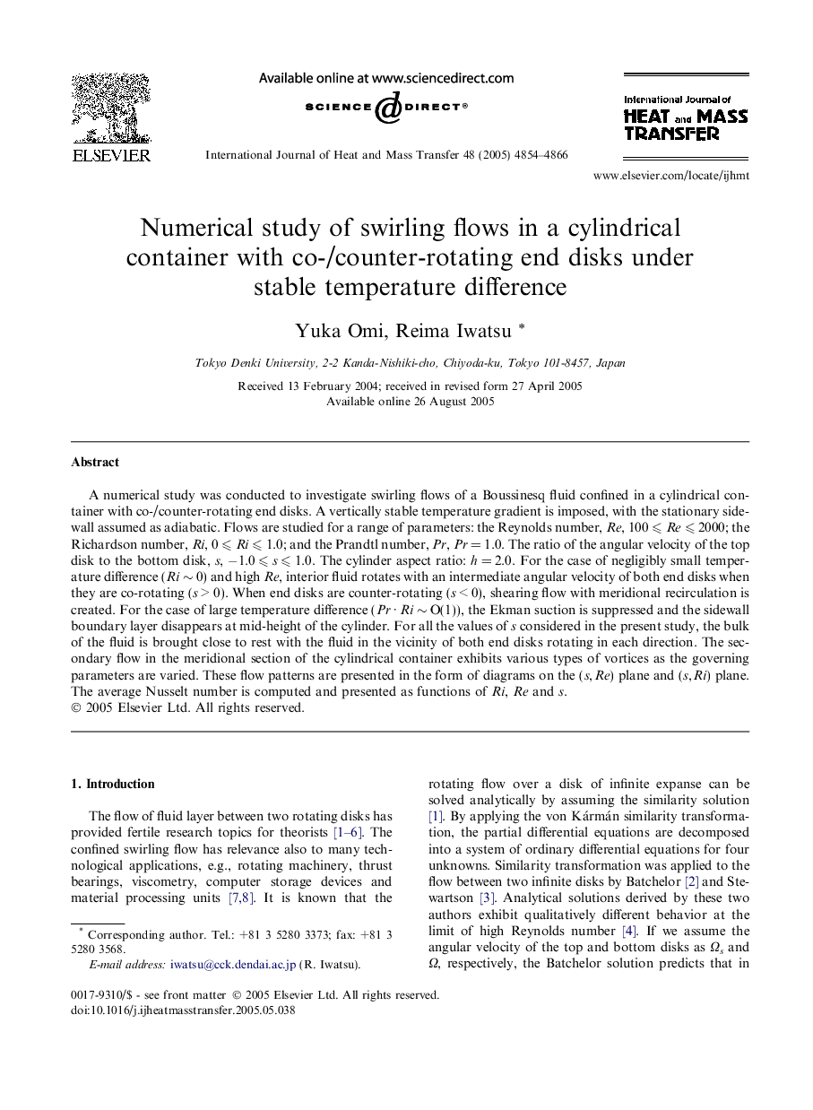 Numerical study of swirling flows in a cylindrical container with co-/counter-rotating end disks under stable temperature difference