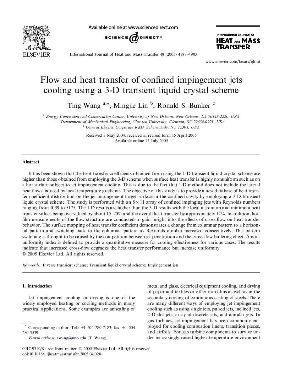 Flow and heat transfer of confined impingement jets cooling using a 3-D transient liquid crystal scheme