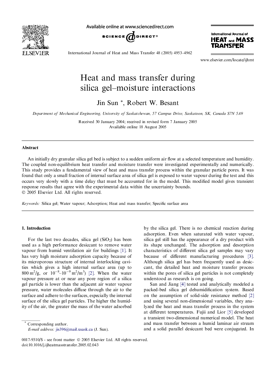 Heat and mass transfer during silica gel-moisture interactions