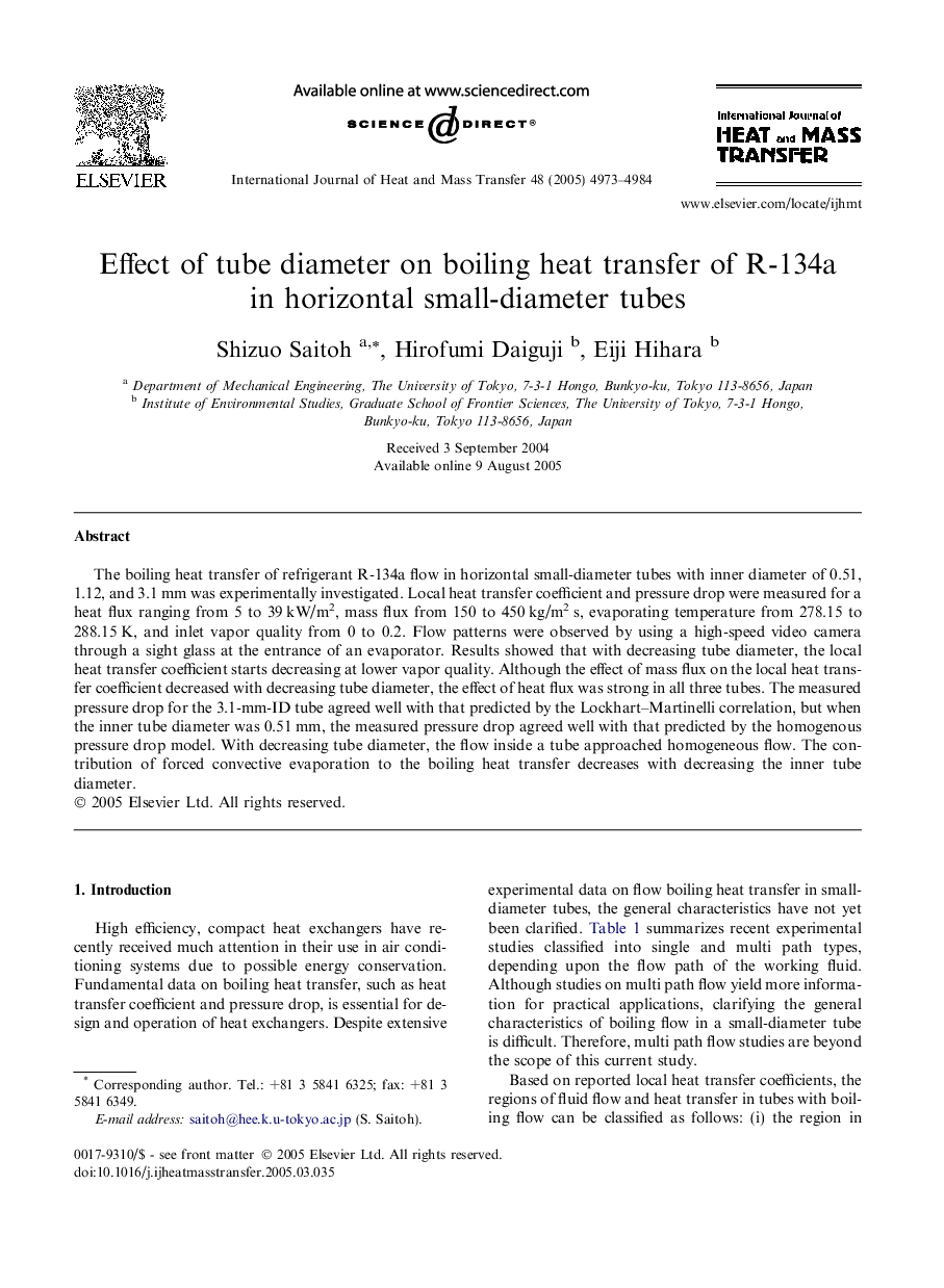 Effect of tube diameter on boiling heat transfer of R-134a in horizontal small-diameter tubes