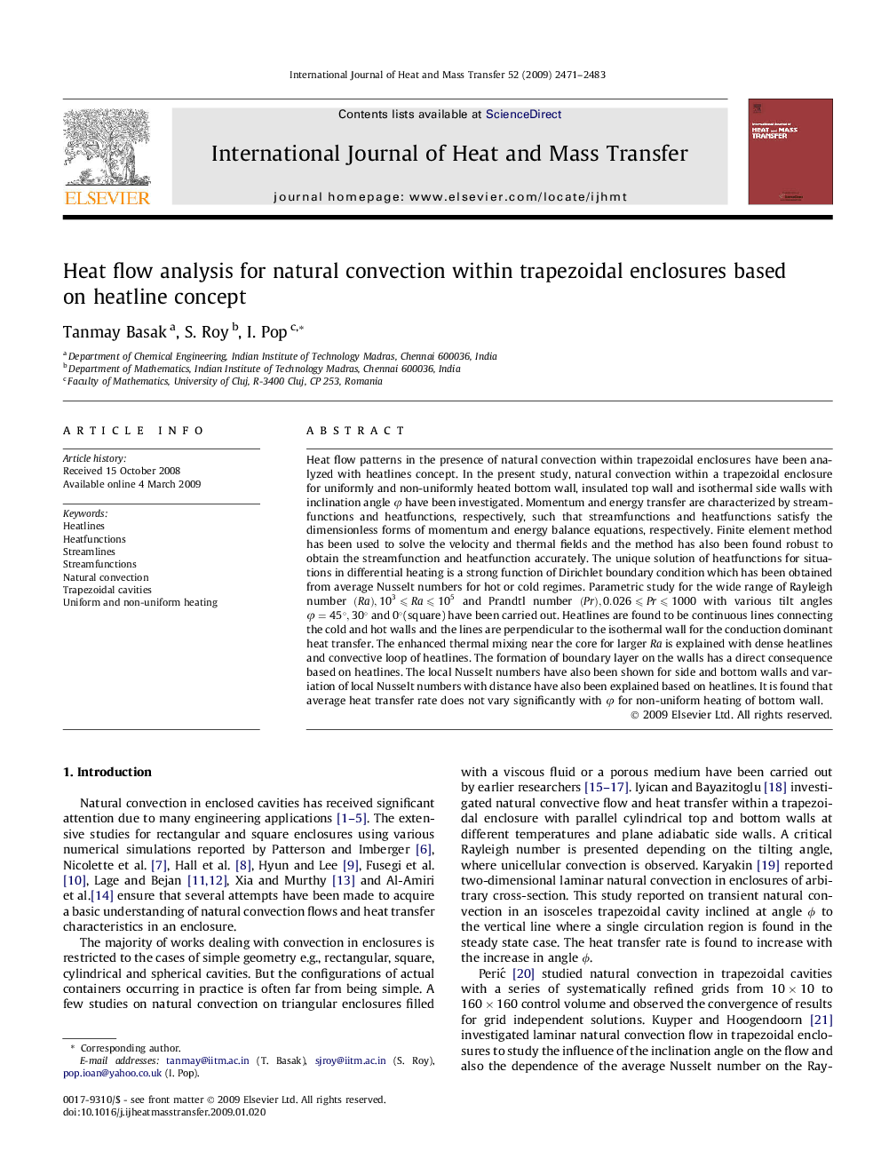 Heat flow analysis for natural convection within trapezoidal enclosures based on heatline concept