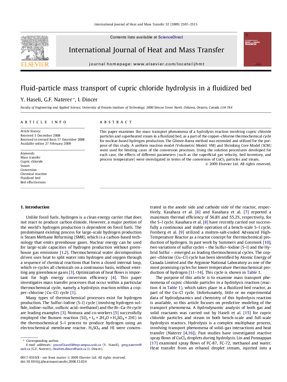 Fluid-particle mass transport of cupric chloride hydrolysis in a fluidized bed