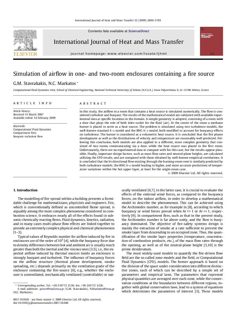 Simulation of airflow in one- and two-room enclosures containing a fire source