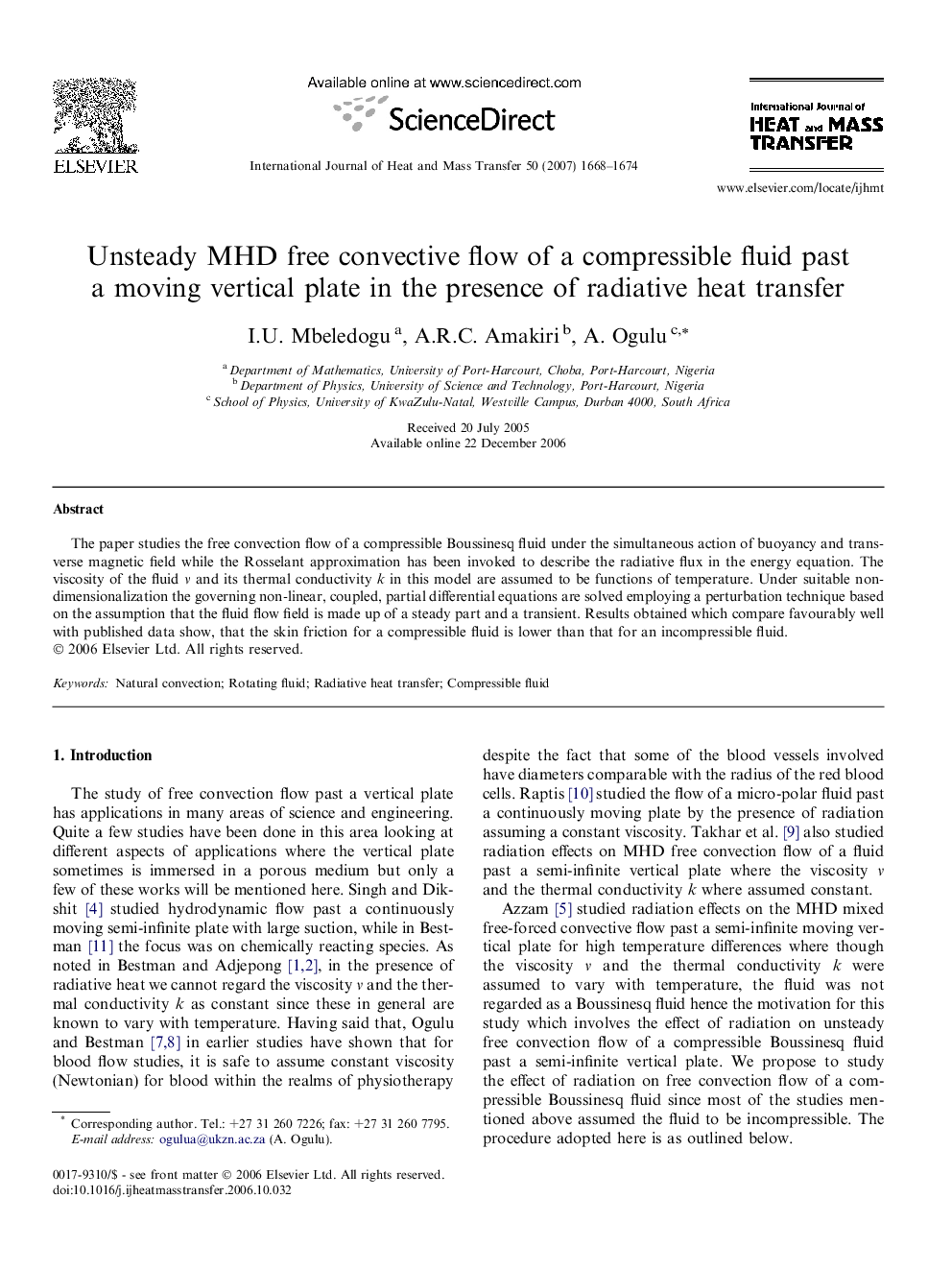 Unsteady MHD free convective flow of a compressible fluid past a moving vertical plate in the presence of radiative heat transfer