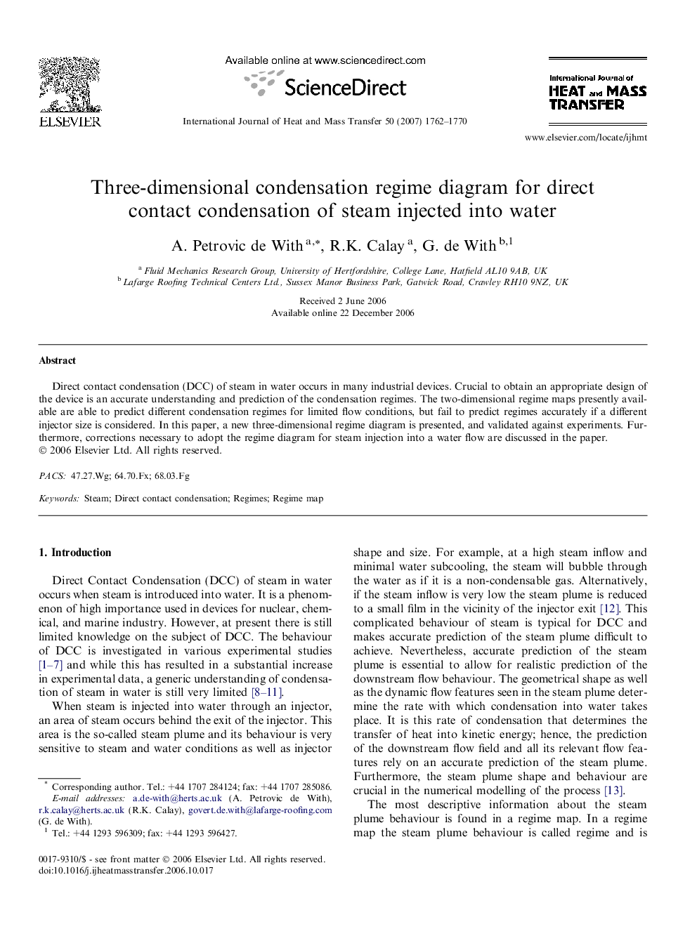 Three-dimensional condensation regime diagram for direct contact condensation of steam injected into water