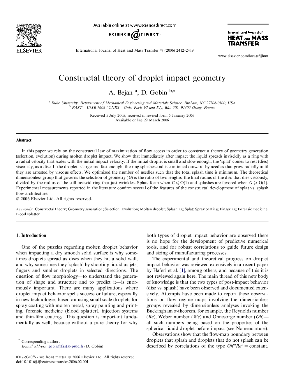 Constructal theory of droplet impact geometry