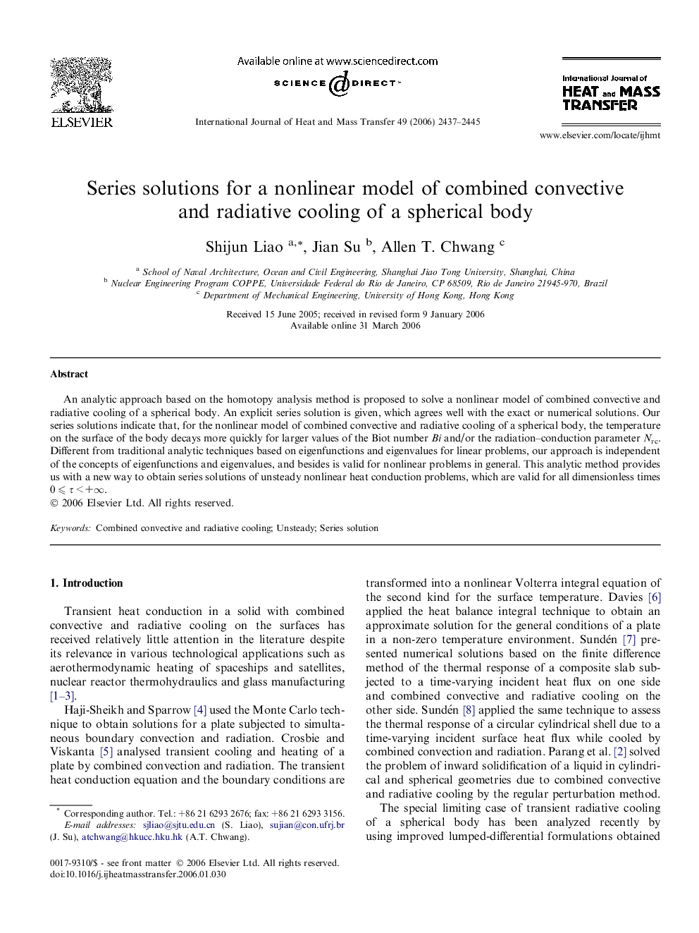 عکس صفحه اول مقاله: Series solutions for a nonlinear model of combined convective and radiative cooling of a spherical body Series solutions for a nonlinear model of combined convective and radiative cooling of a spherical body