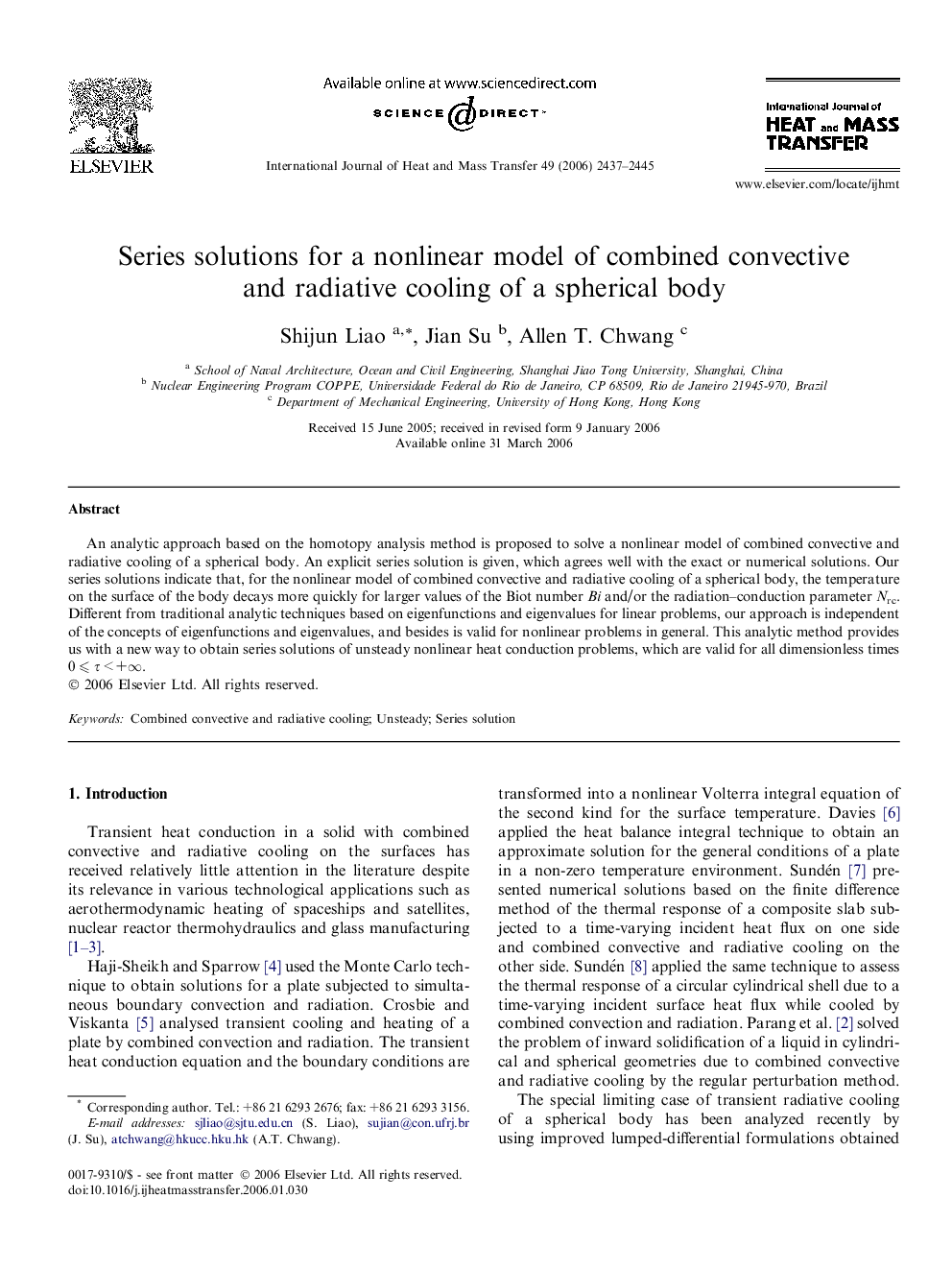 Series solutions for a nonlinear model of combined convective and radiative cooling of a spherical body