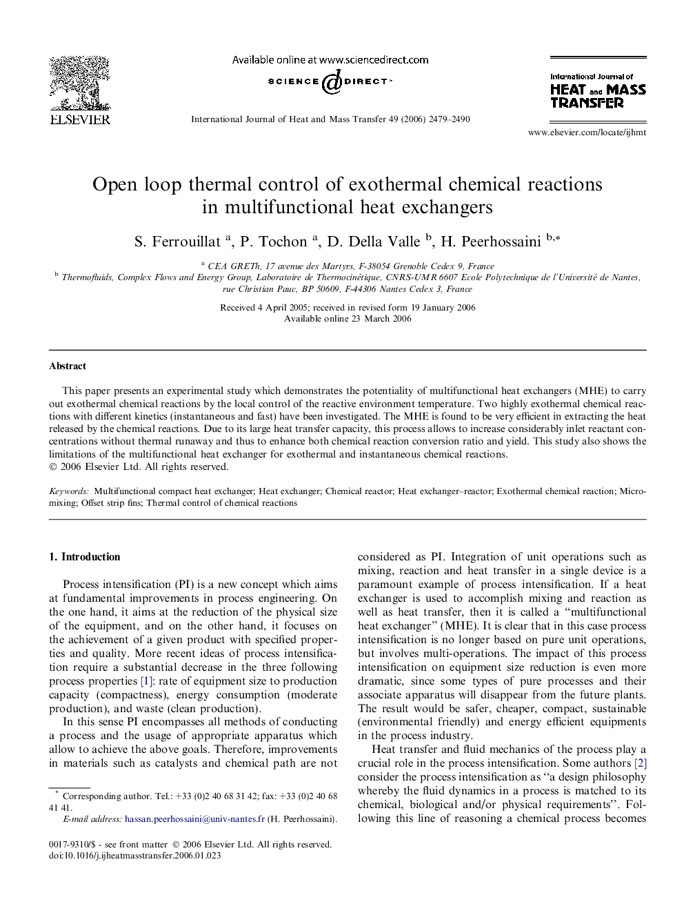 Open loop thermal control of exothermal chemical reactions in multifunctional heat exchangers