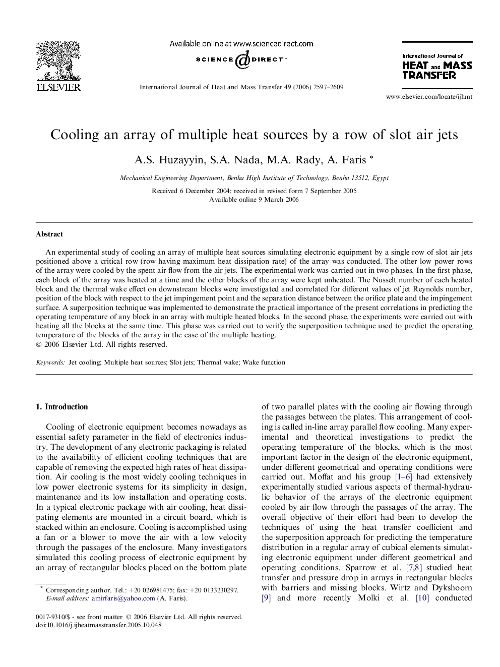 Cooling an array of multiple heat sources by a row of slot air jets