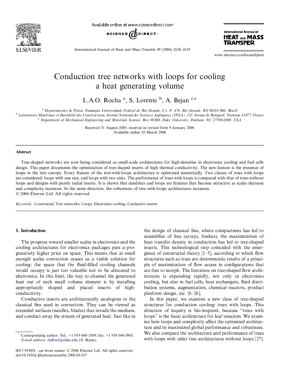Conduction tree networks with loops for cooling a heat generating volume