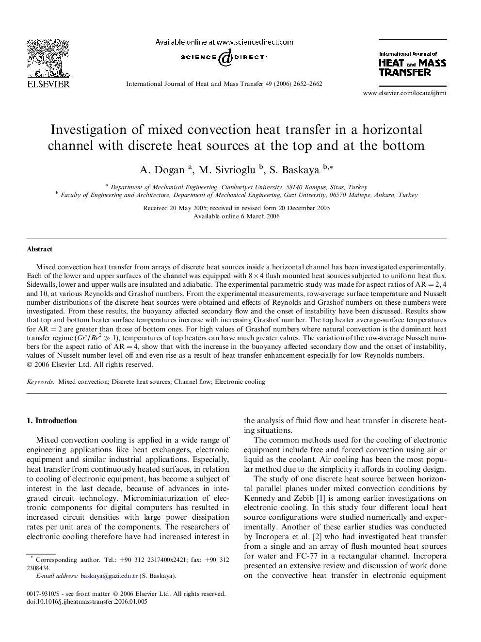 Investigation of mixed convection heat transfer in a horizontal channel with discrete heat sources at the top and at the bottom