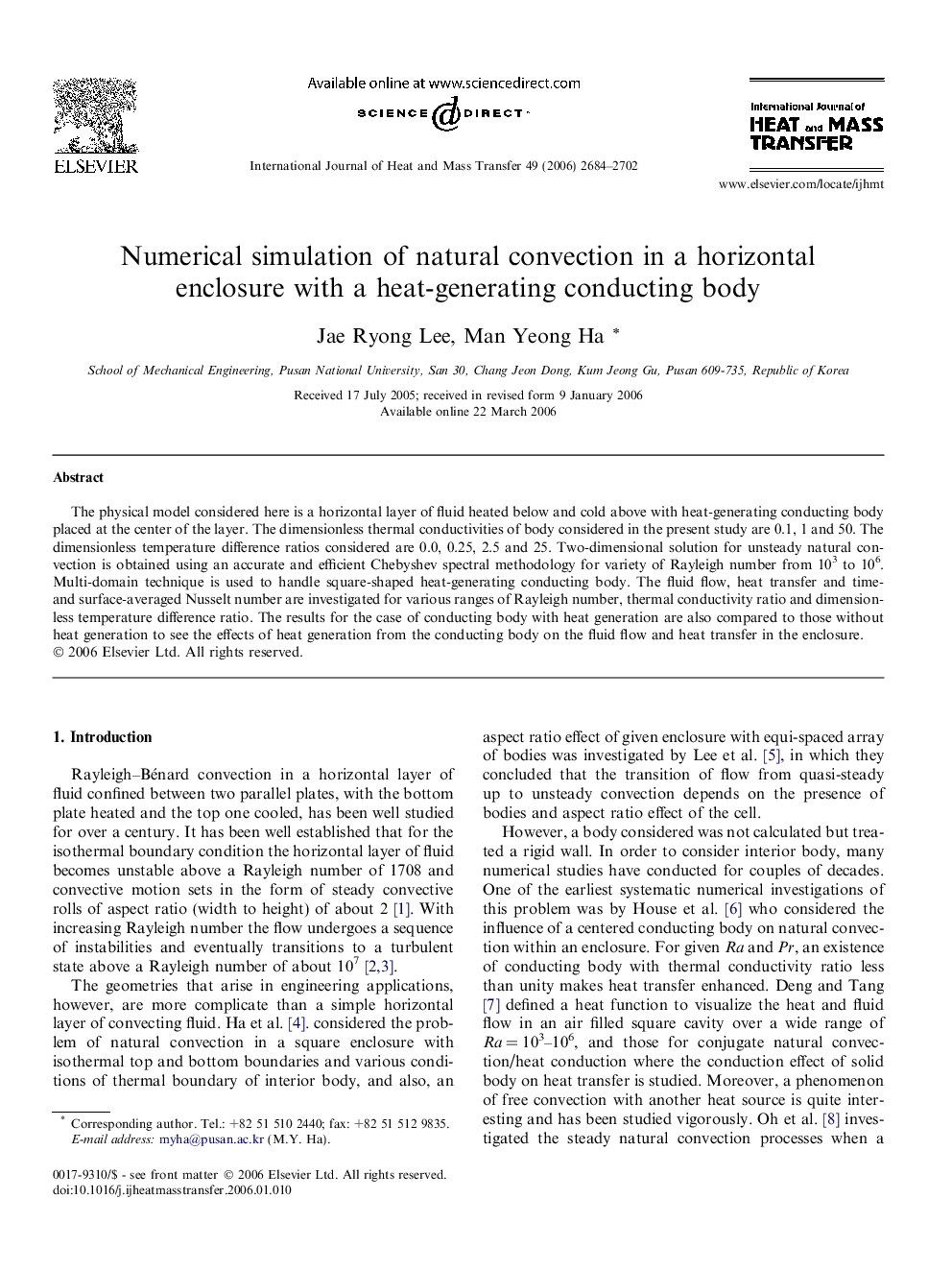 Numerical simulation of natural convection in a horizontal enclosure with a heat-generating conducting body