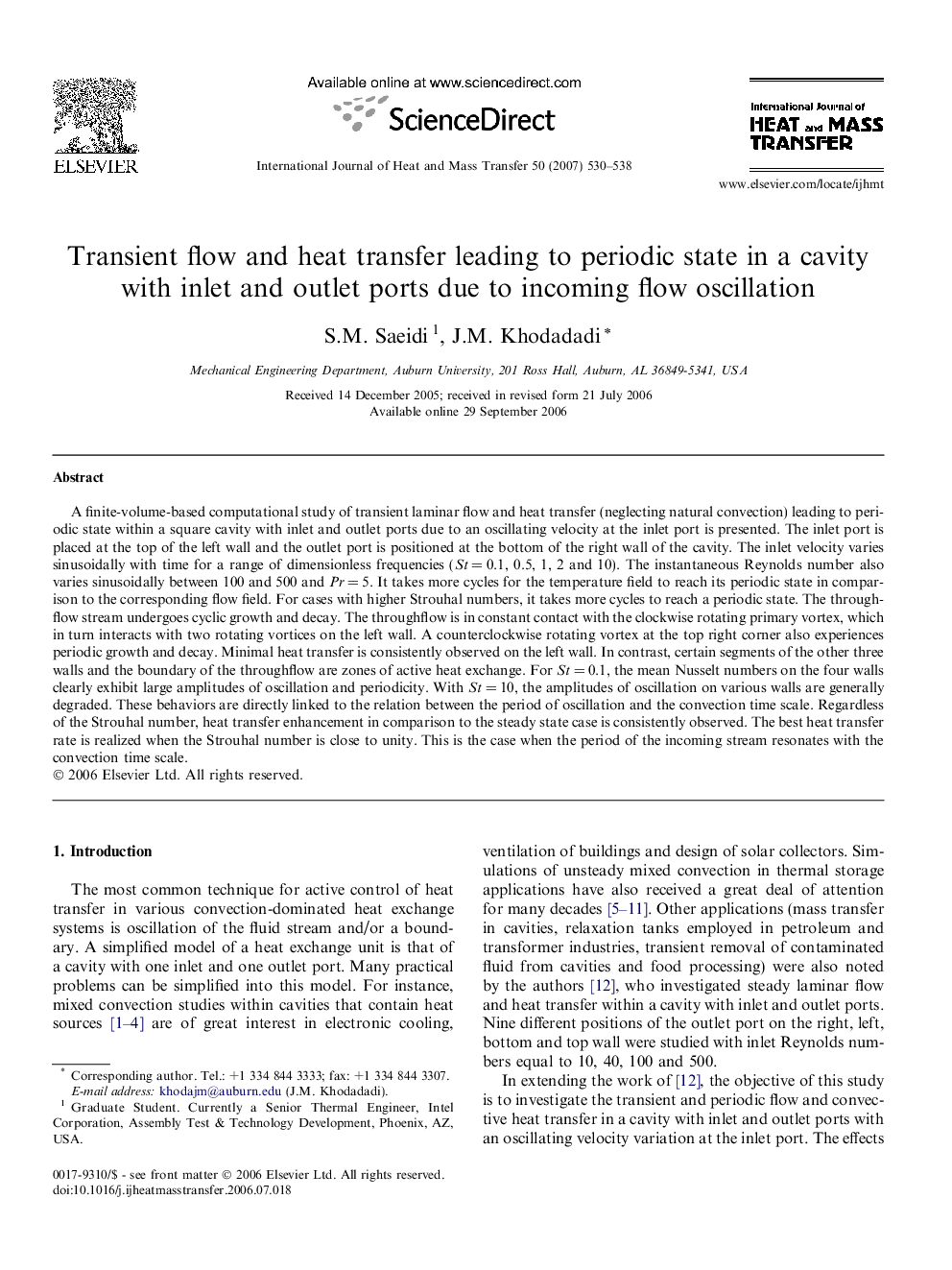 Transient flow and heat transfer leading to periodic state in a cavity with inlet and outlet ports due to incoming flow oscillation