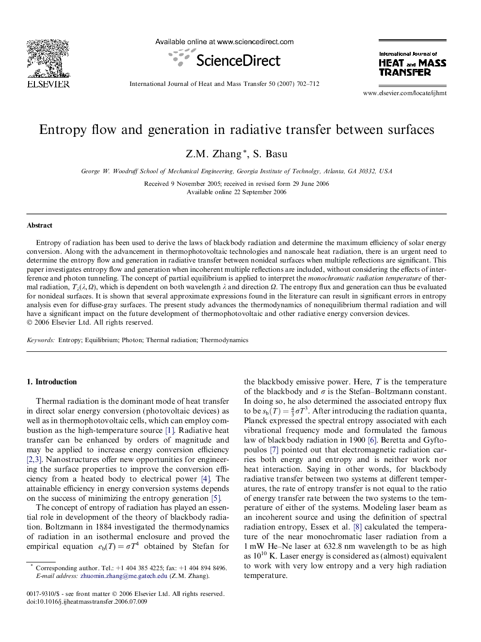 Entropy flow and generation in radiative transfer between surfaces