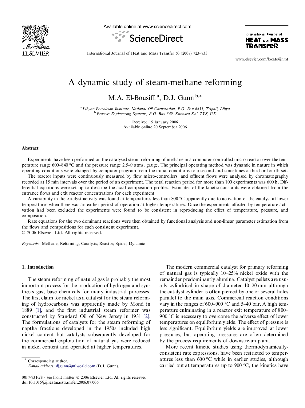 A dynamic study of steam-methane reforming