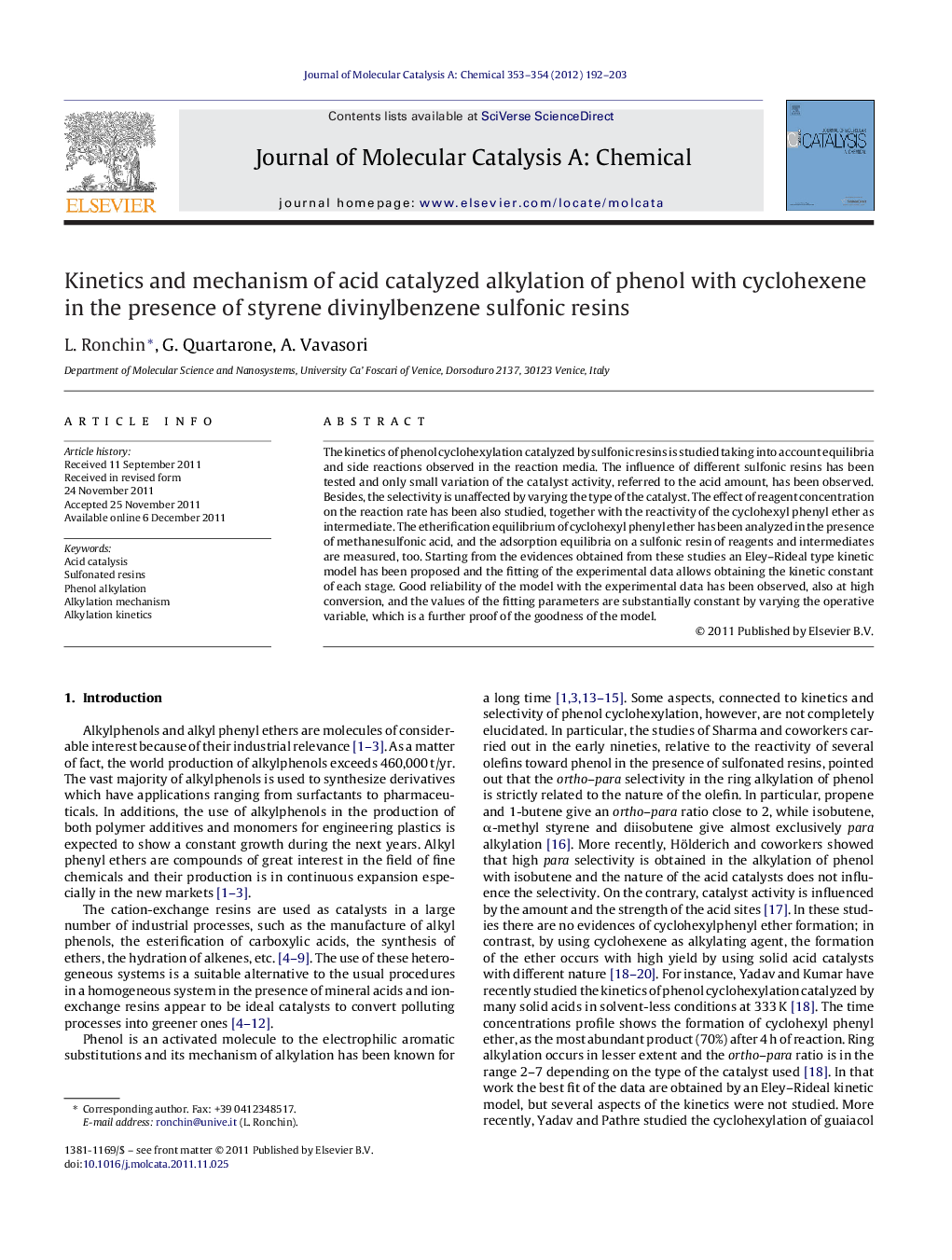 Kinetics and mechanism of acid catalyzed alkylation of phenol with cyclohexene in the presence of styrene divinylbenzene sulfonic resins