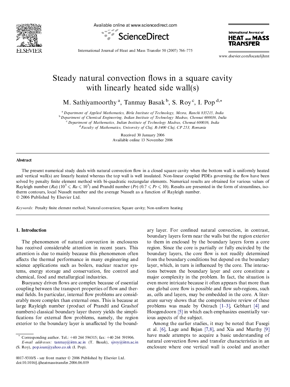 Steady natural convection flows in a square cavity with linearly heated side wall(s)