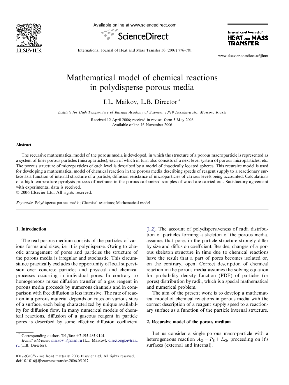 Mathematical model of chemical reactions in polydisperse porous media