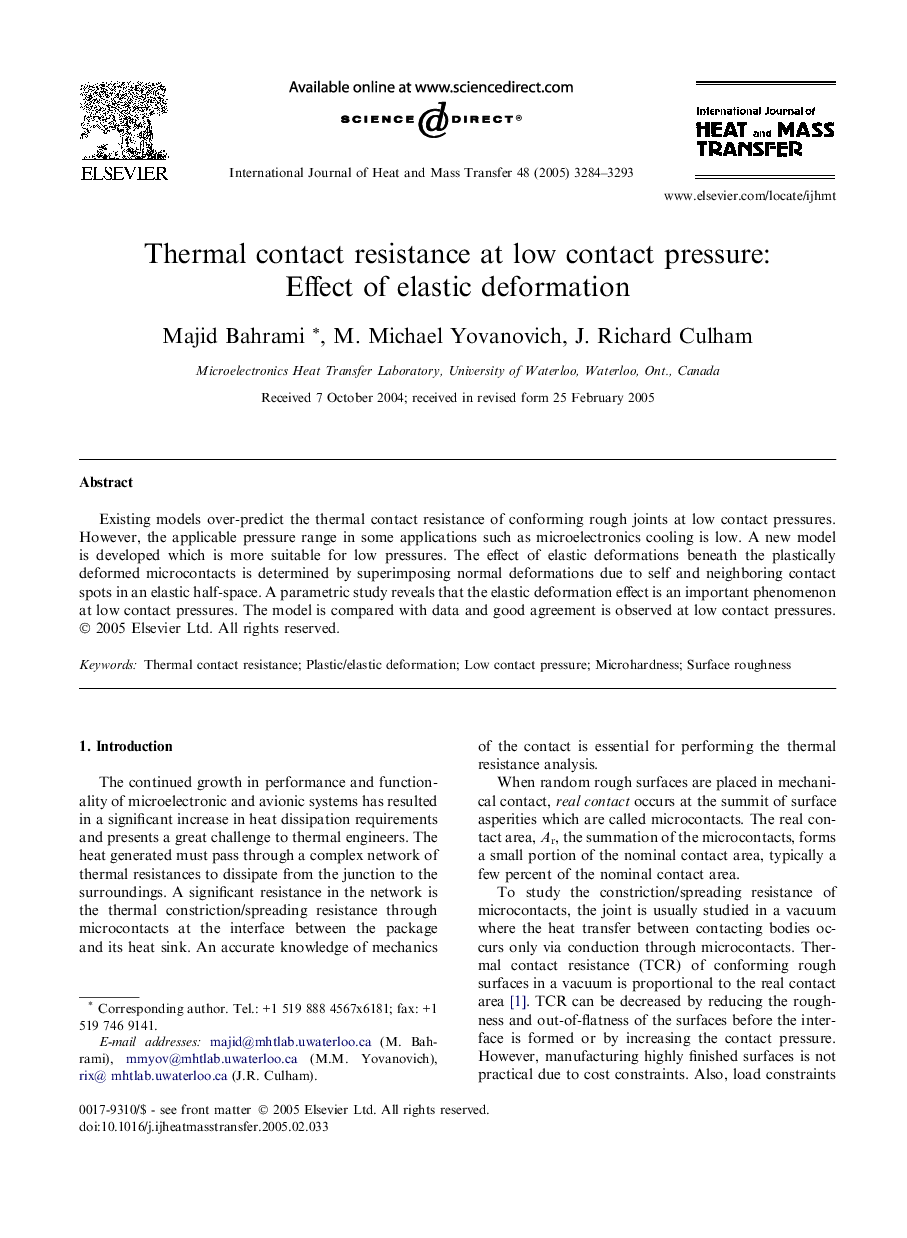 Thermal contact resistance at low contact pressure: Effect of elastic deformation