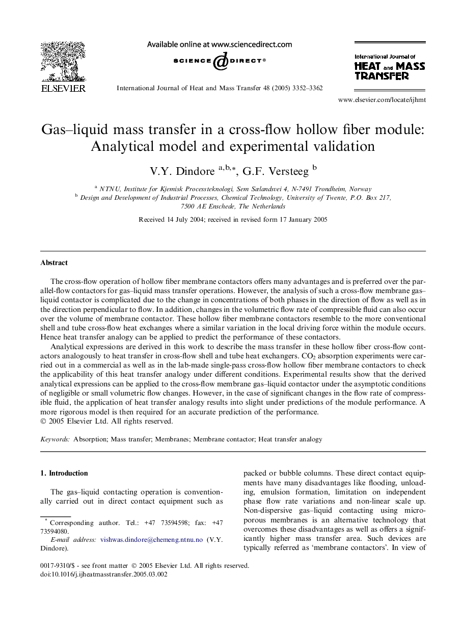 Gas–liquid mass transfer in a cross-flow hollow fiber module: Analytical model and experimental validation