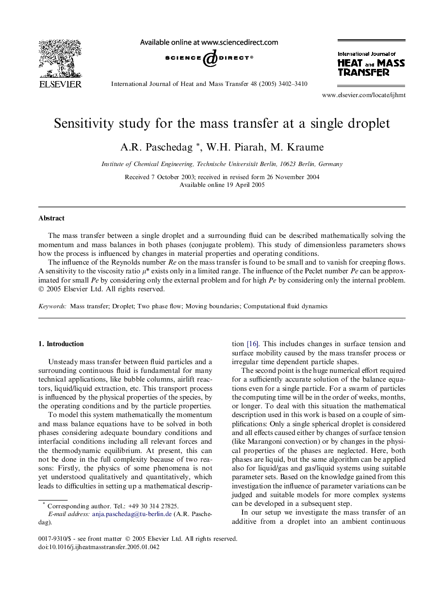 Sensitivity study for the mass transfer at a single droplet