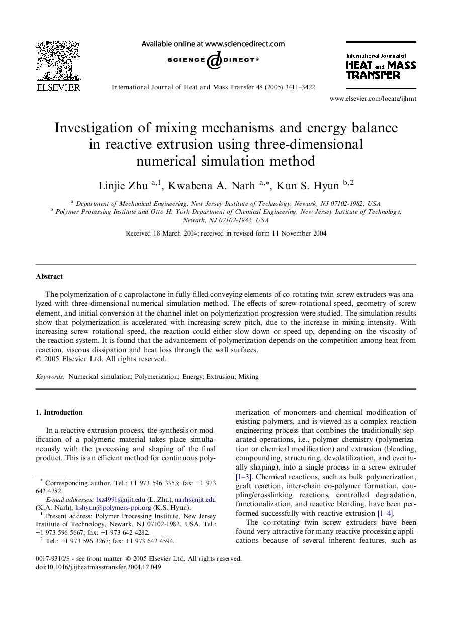 Investigation of mixing mechanisms and energy balance in reactive extrusion using three-dimensional numerical simulation method