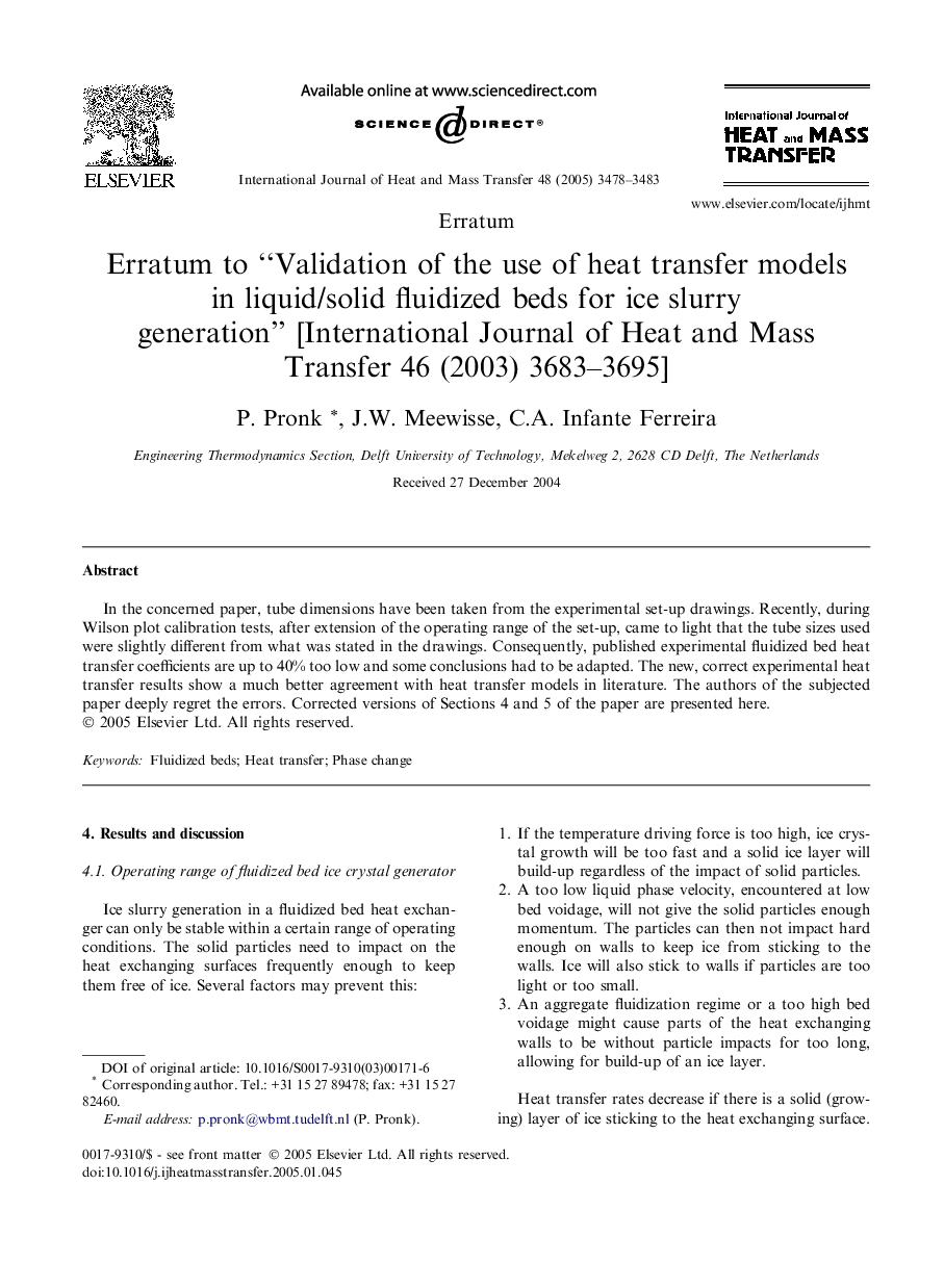 Erratum to “Validation of the use of heat transfer models in liquid/solid fluidized beds for ice slurry generation” [International Journal of Heat and Mass Transfer 46 (2003) 3683–3695]