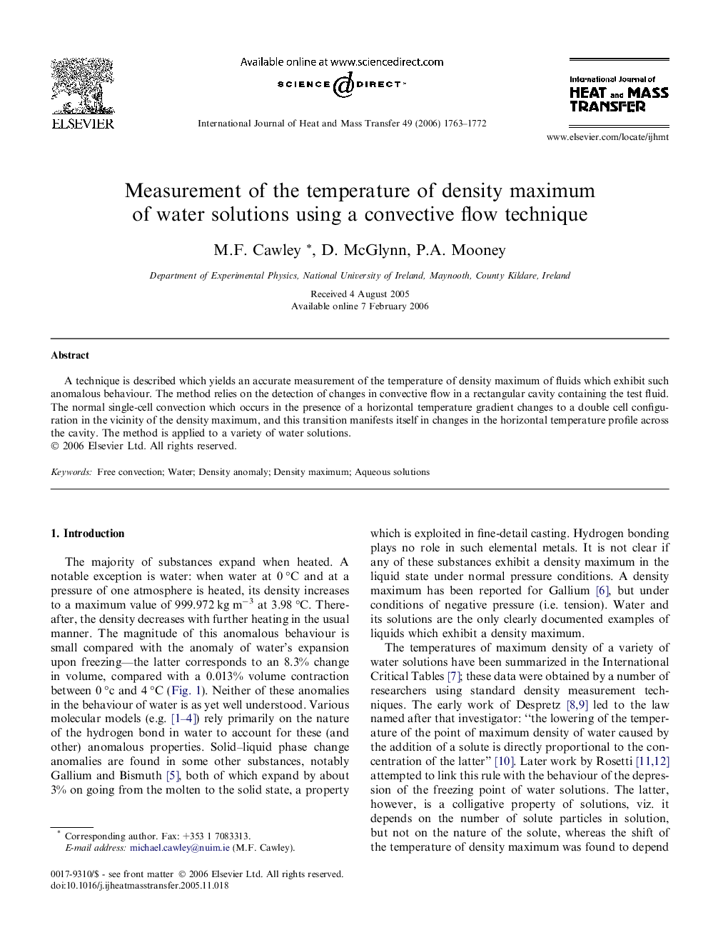 Measurement of the temperature of density maximum of water solutions using a convective flow technique