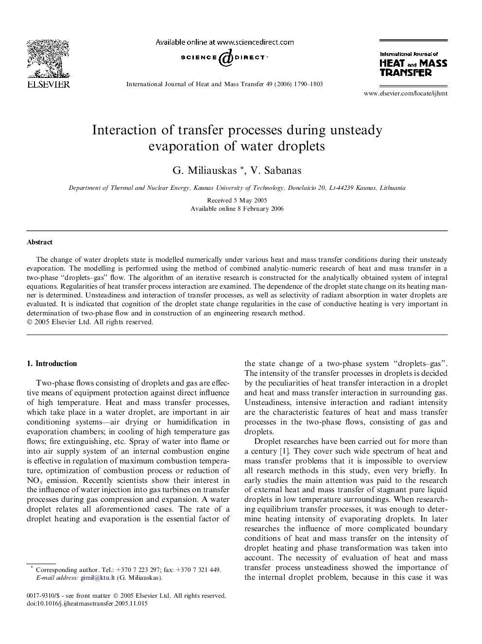 Interaction of transfer processes during unsteady evaporation of water droplets