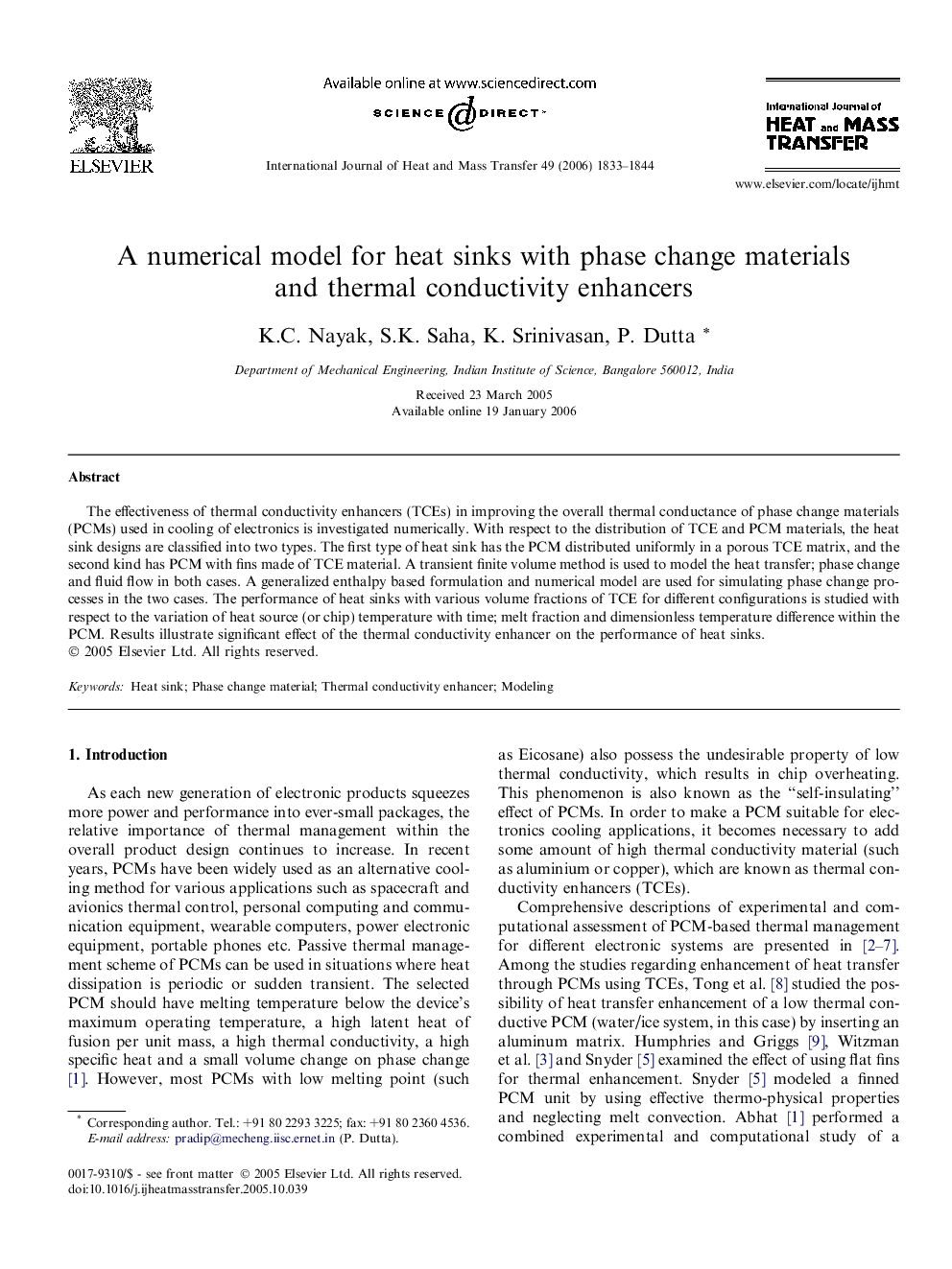 A numerical model for heat sinks with phase change materials and thermal conductivity enhancers