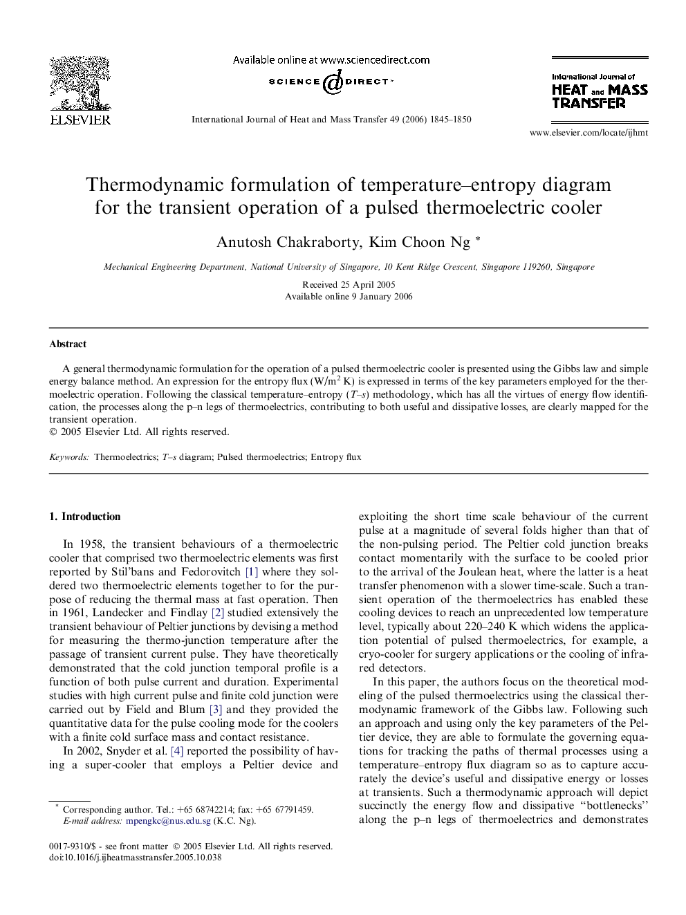 Thermodynamic formulation of temperature–entropy diagram for the transient operation of a pulsed thermoelectric cooler
