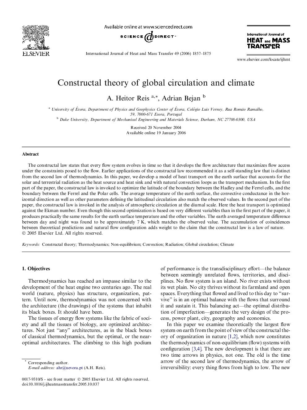 Constructal theory of global circulation and climate