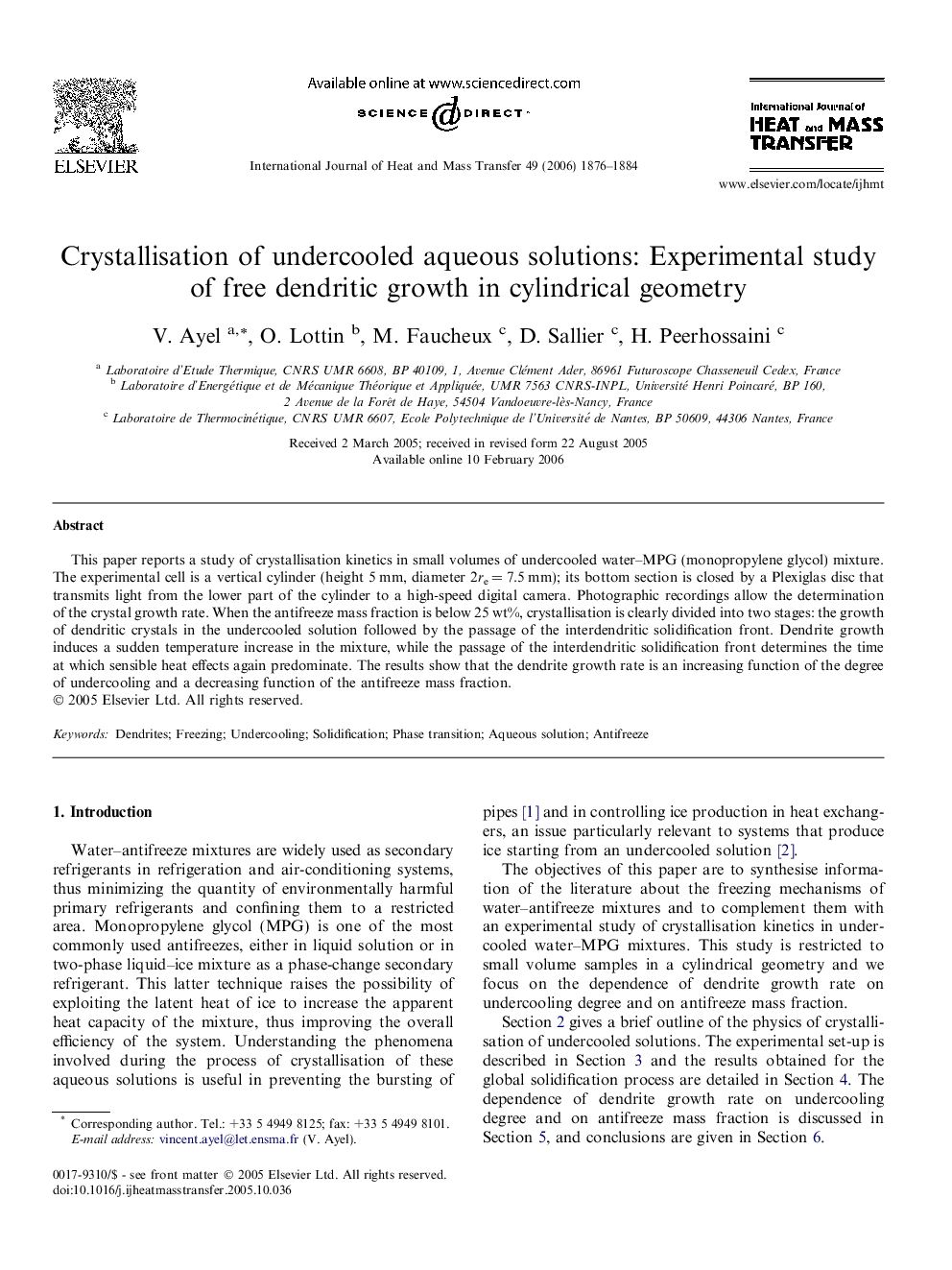 عکس صفحه اول مقاله: Crystallisation of undercooled aqueous solutions: Experimental study of free dendritic growth in cylindrical geometry Crystallisation of undercooled aqueous solutions: Experimental study of free dendritic growth in cylindrical geometry