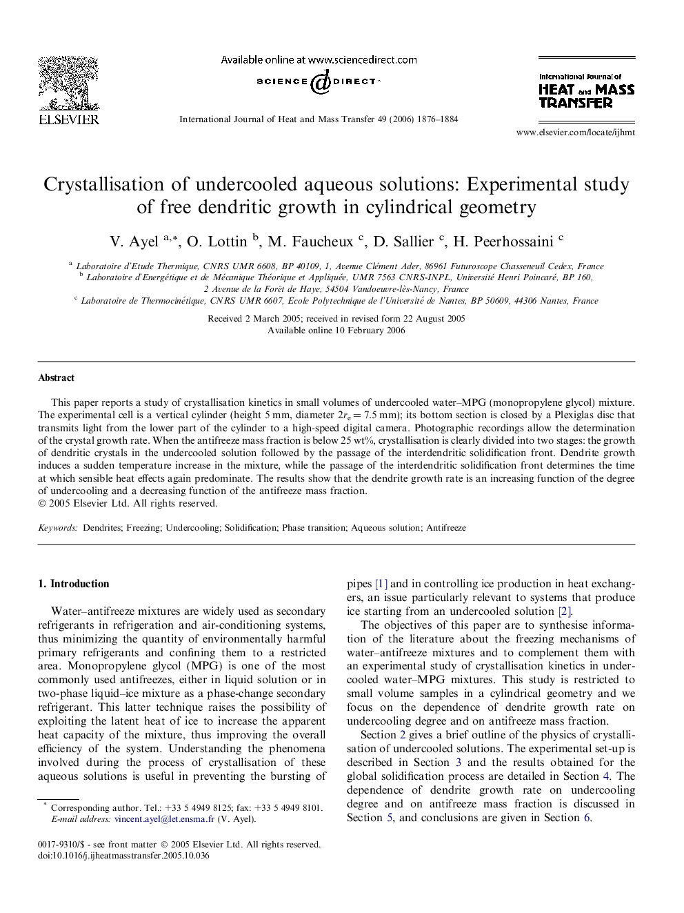 Crystallisation of undercooled aqueous solutions: Experimental study of free dendritic growth in cylindrical geometry