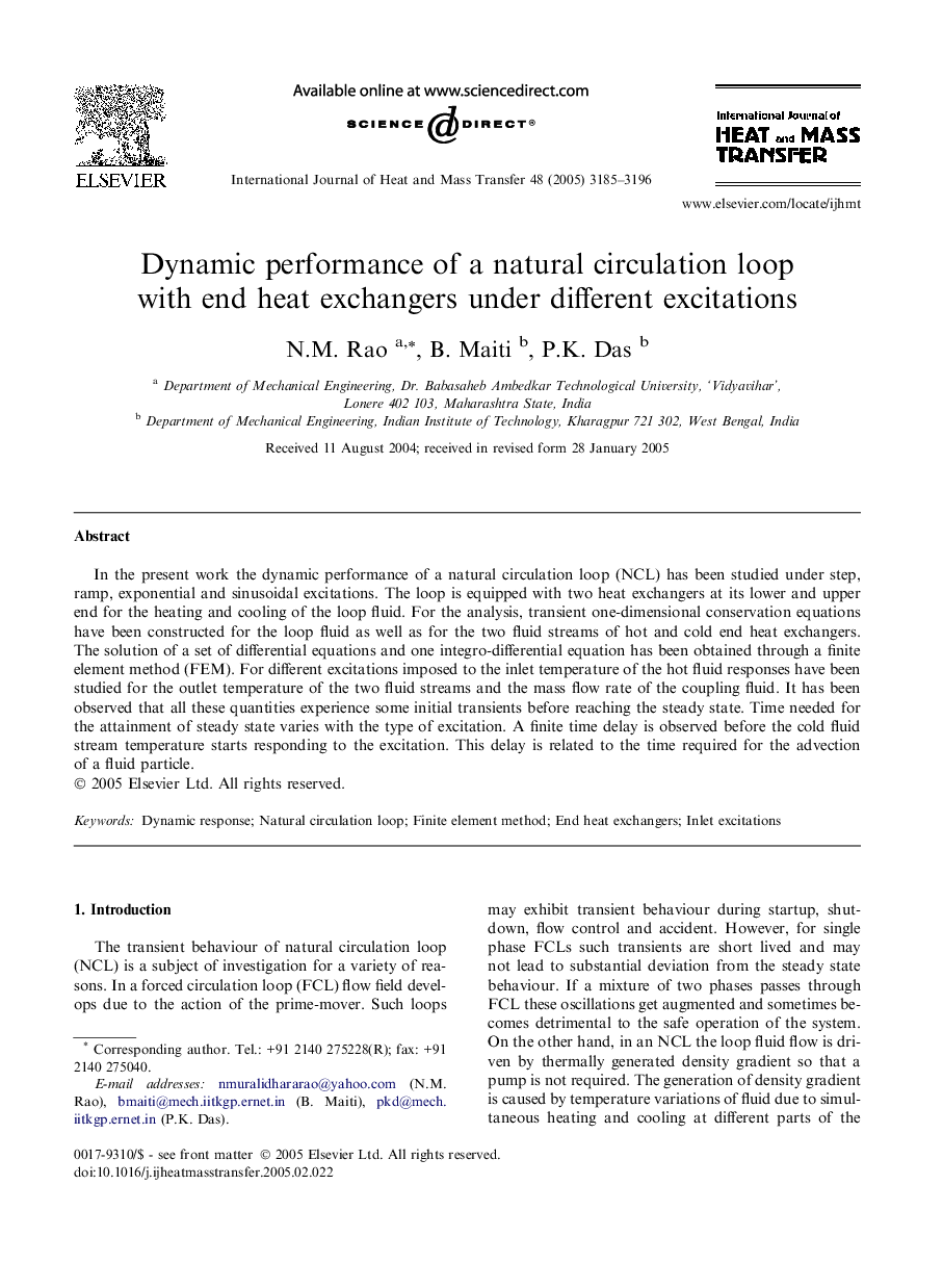 Dynamic performance of a natural circulation loop with end heat exchangers under different excitations