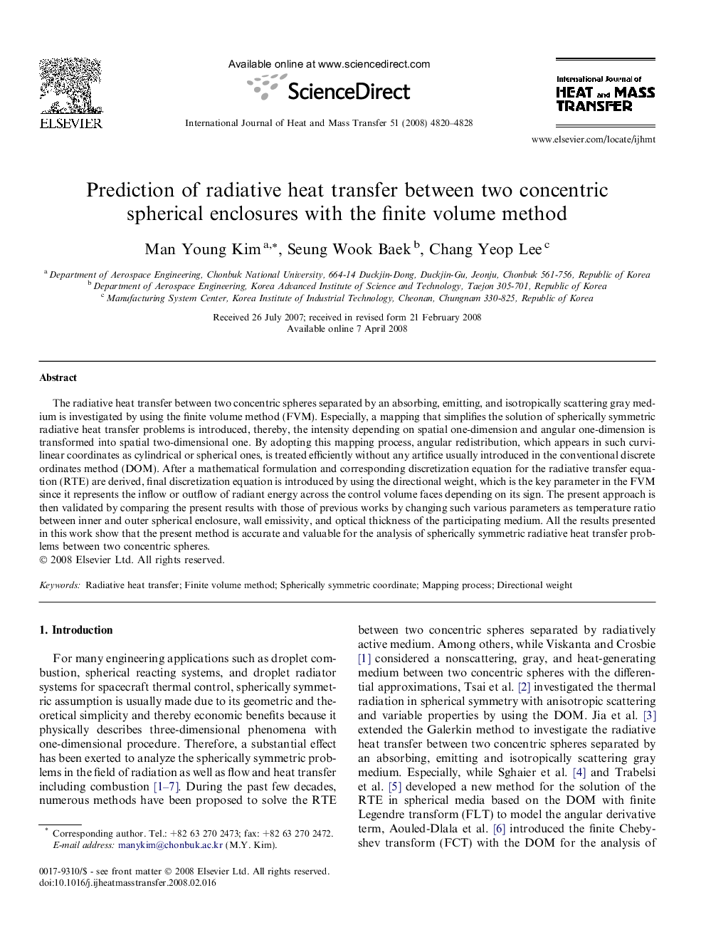 Prediction of radiative heat transfer between two concentric spherical enclosures with the finite volume method