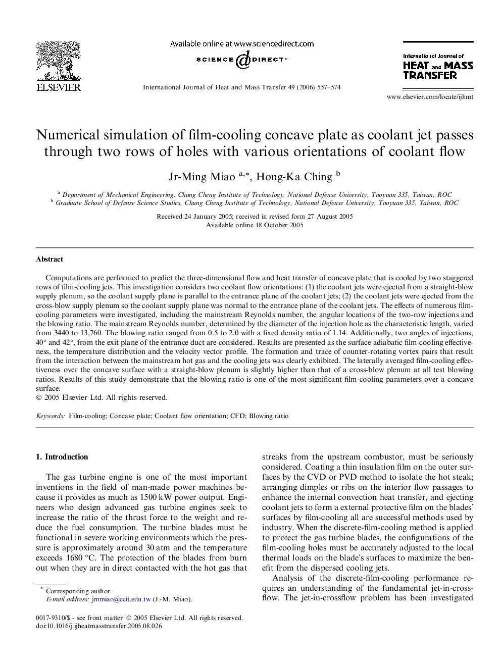 Numerical simulation of film-cooling concave plate as coolant jet passes through two rows of holes with various orientations of coolant flow