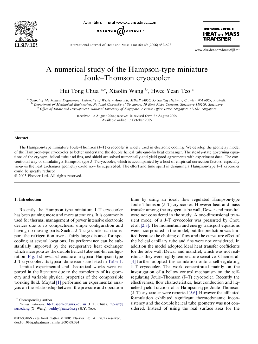 A numerical study of the Hampson-type miniature Joule–Thomson cryocooler