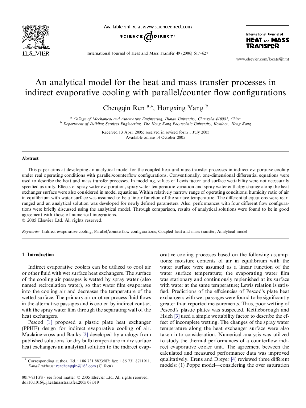 An analytical model for the heat and mass transfer processes in indirect evaporative cooling with parallel/counter flow configurations