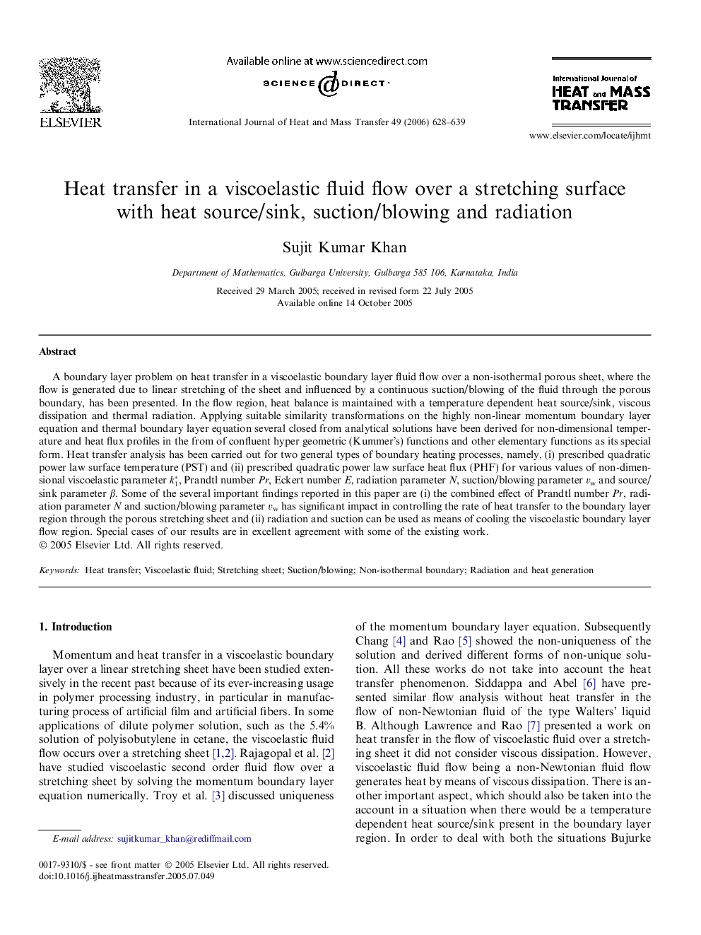 Heat transfer in a viscoelastic fluid flow over a stretching surface with heat source/sink, suction/blowing and radiation