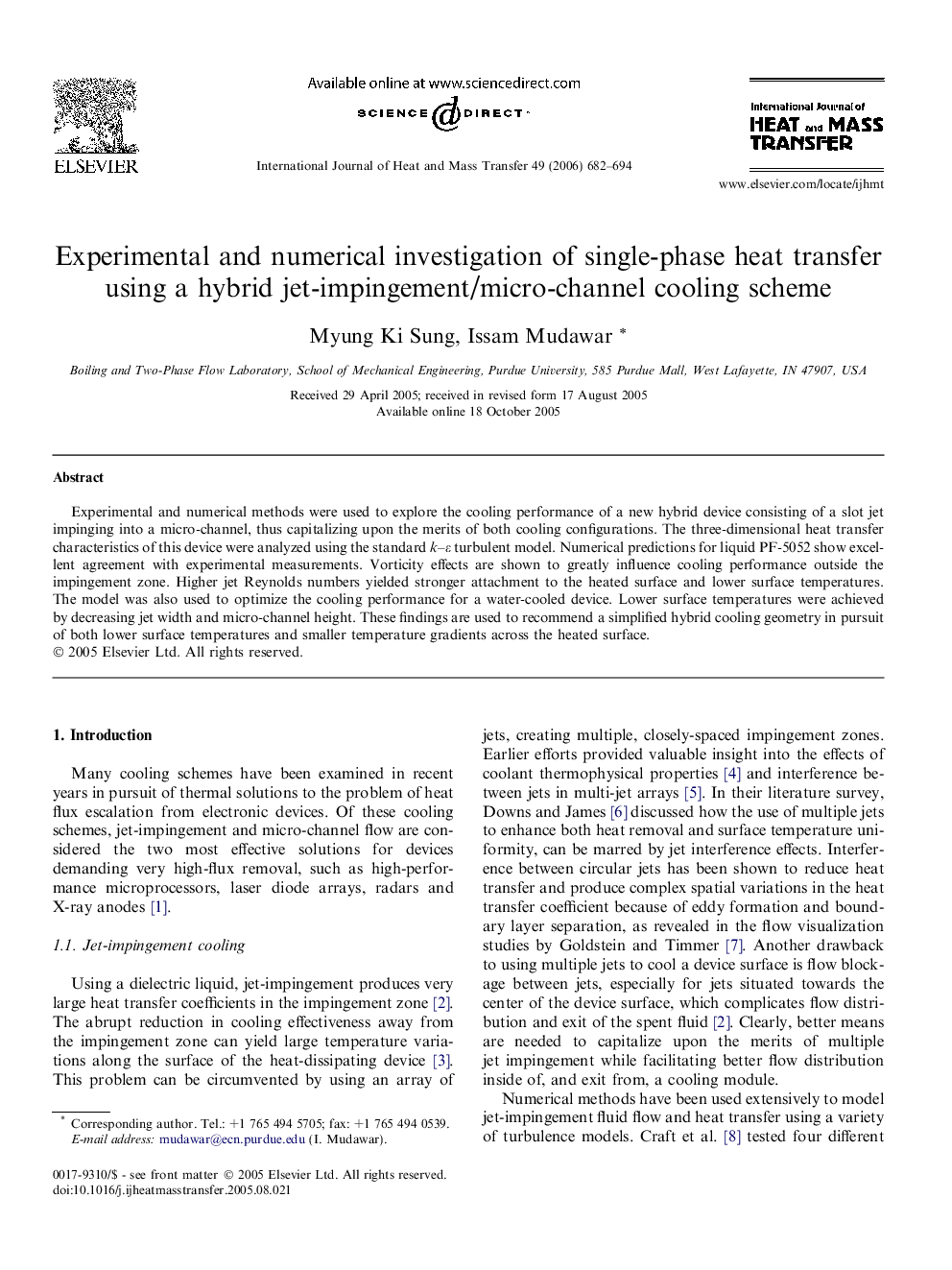 Experimental and numerical investigation of single-phase heat transfer using a hybrid jet-impingement/micro-channel cooling scheme