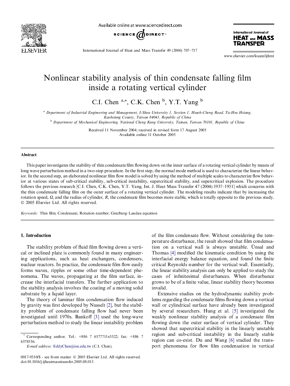 Nonlinear stability analysis of thin condensate falling film inside a rotating vertical cylinder