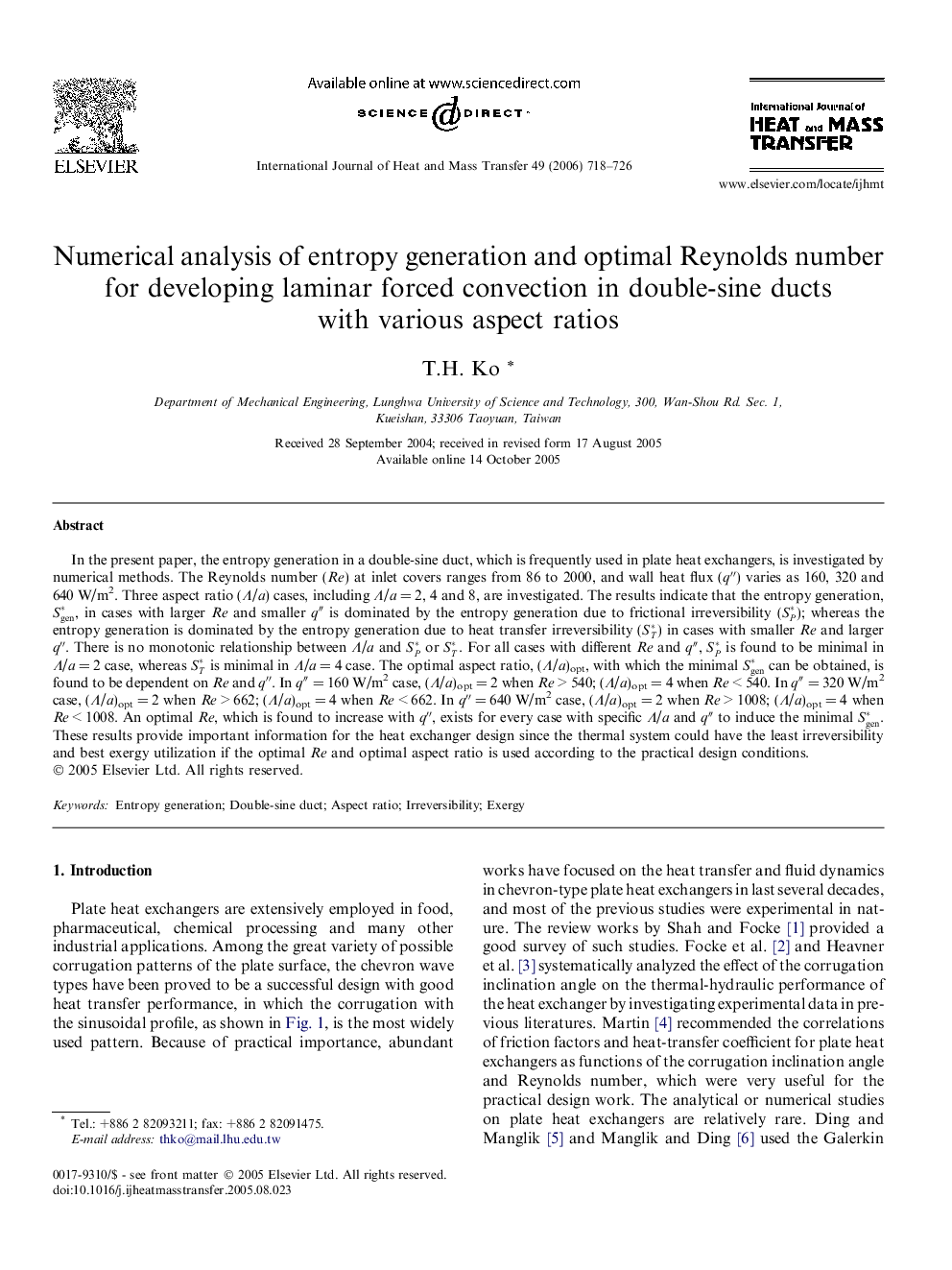 Numerical analysis of entropy generation and optimal Reynolds number for developing laminar forced convection in double-sine ducts with various aspect ratios